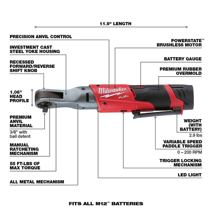 Milwaukee 2557-22 M12 3/8"" Ratchet Kit