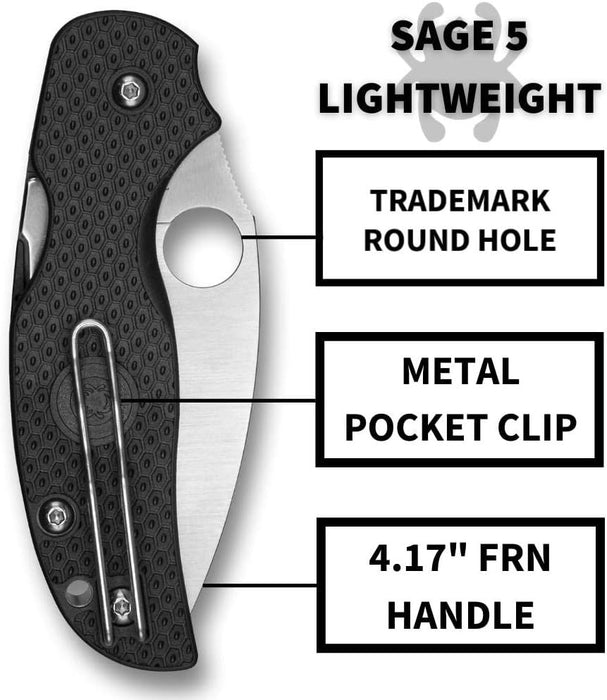 Spyderco Sage 5 Lightweight Folding Utility Pocket Knife with Black FRN Handle and Full-Flat CPM S30V Steel Blade - PlainEdge - Everyday Carry - C123PBK