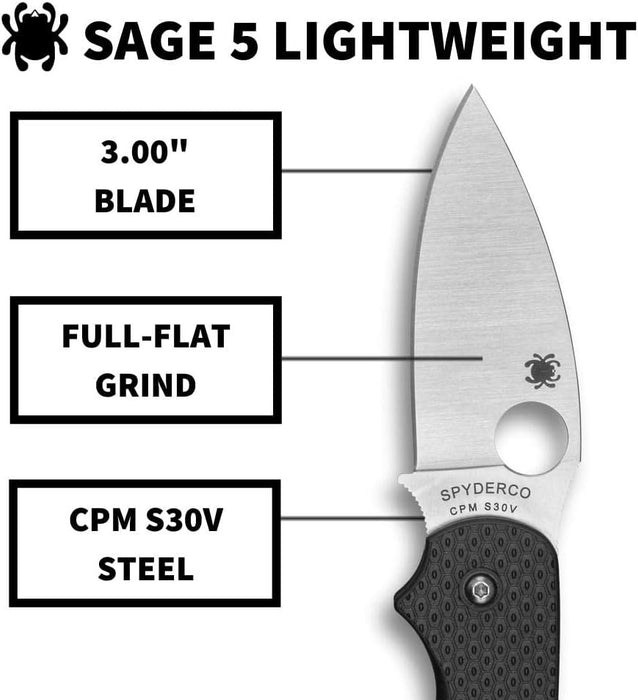 Spyderco Sage 5 Lightweight Folding Utility Pocket Knife with Black FRN Handle and Full-Flat CPM S30V Steel Blade - PlainEdge - Everyday Carry - C123PBK