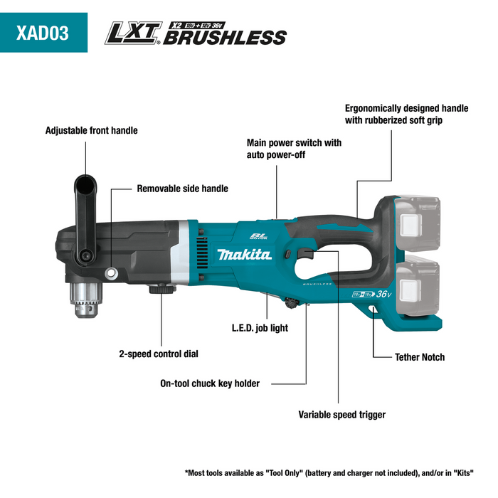 36V (18V X2) LXT® Brushless 1/2" Right Angle Drill Kit (5.0Ah)