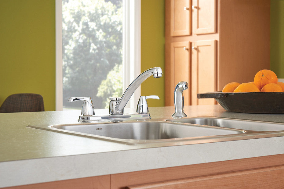 Adler Chrome Two-Handle Low Arc Kitchen Faucet With Optional Knob Or Lever Handles