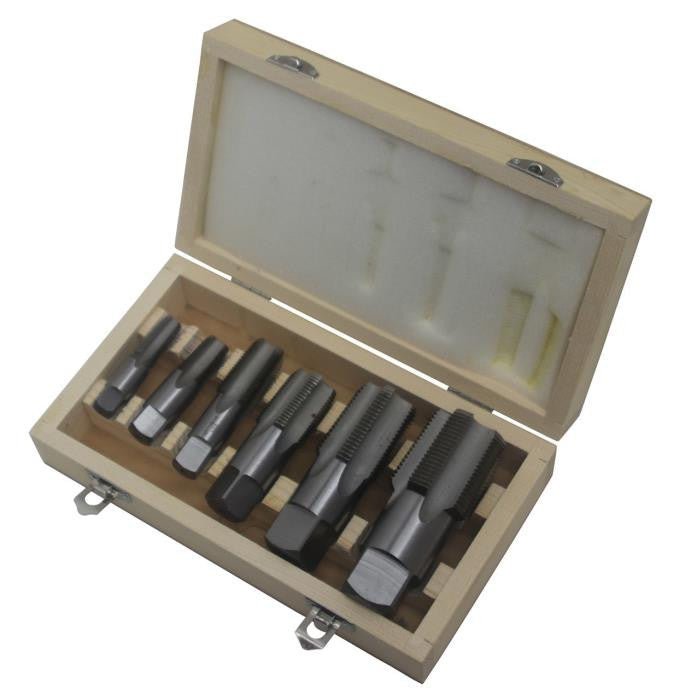 6 PIECE CARBON STEEL NPT PIPE TAP SET, 1/8", 1/4", 3/8", 1/2", 3/4" AND 1" IN WOODEN CASE