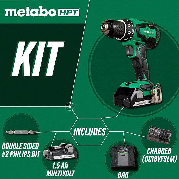 Metabo HPT 18V MultiVolt Cordless Drill/Driver Kit | Brushless Motor | 1/2-Inch Keyless Metal Chuck | Lifetime Tool Warranty | DS18DBFL2E